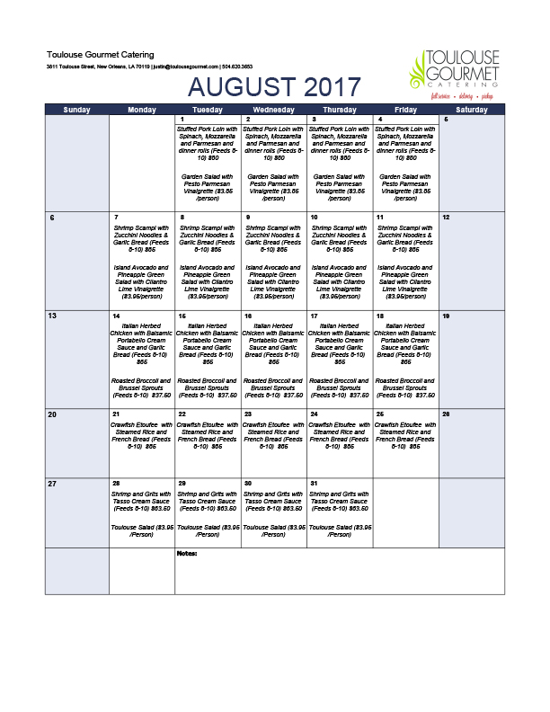 August 2017 Monthly Catering Delivery Specials